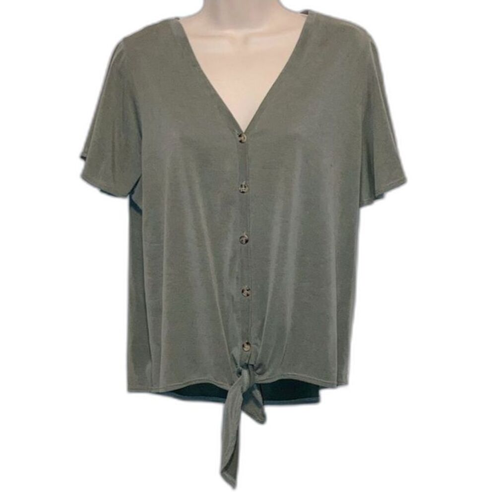 GREEN ENVELOPE Short Sleeve Green Button Up Green Blouse Front Knot Womens Large